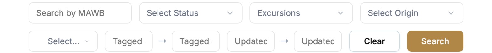Etihad Cargo's AWB filter row at laptop width, where the destination, tagged-date, and updated-date fields have all had their labels clipped down to fragments like 'Select…' and 'Tagged.'