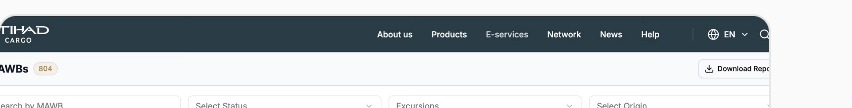 Etihad Cargo's AWB tracker: a full public marketing nav (About us, Products, E-services, Network, News, Help) sitting directly above the internal AWB operations table.
