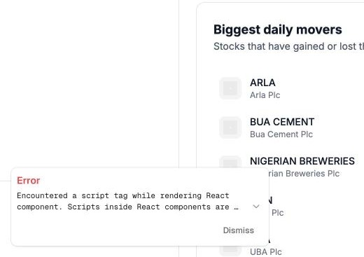 LoanTech's live preview showing a raw React error overlay reading 'Encountered a script tag while rendering', with the app visible behind it.
