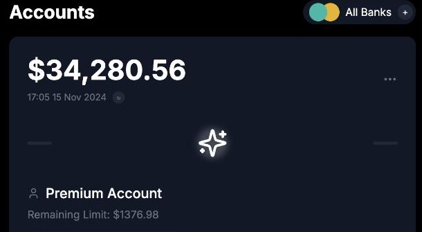 Primium Gold's account card showing $34,280.56 with a thousands separator directly above Remaining Limit: $1376.98 without one.